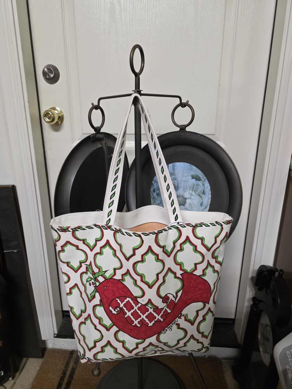 Brighton Canvas Tote with Red Whale Motif - White, Red & Green